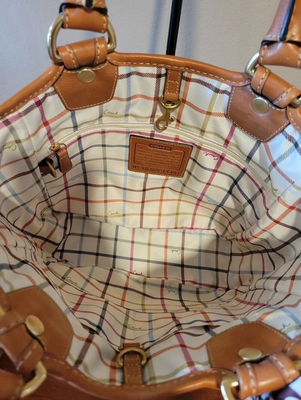 Coach Tattersal Silk Lining Leatherware Canvas Tote Bag in Beige with Tan Trim